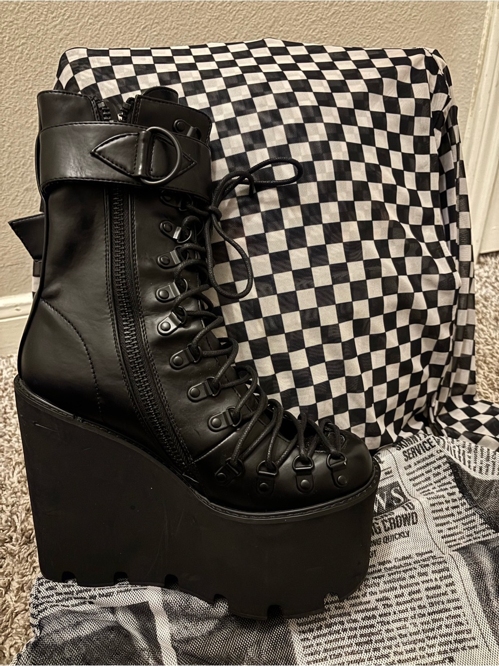 Black Platform Lace-Up Ankle Boots with Buckle Strap